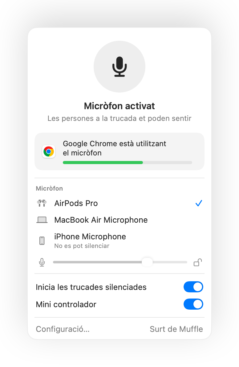 El tauler de Muffle a la barra de menús del Mac durant una trucada de Google Meet a Chrome