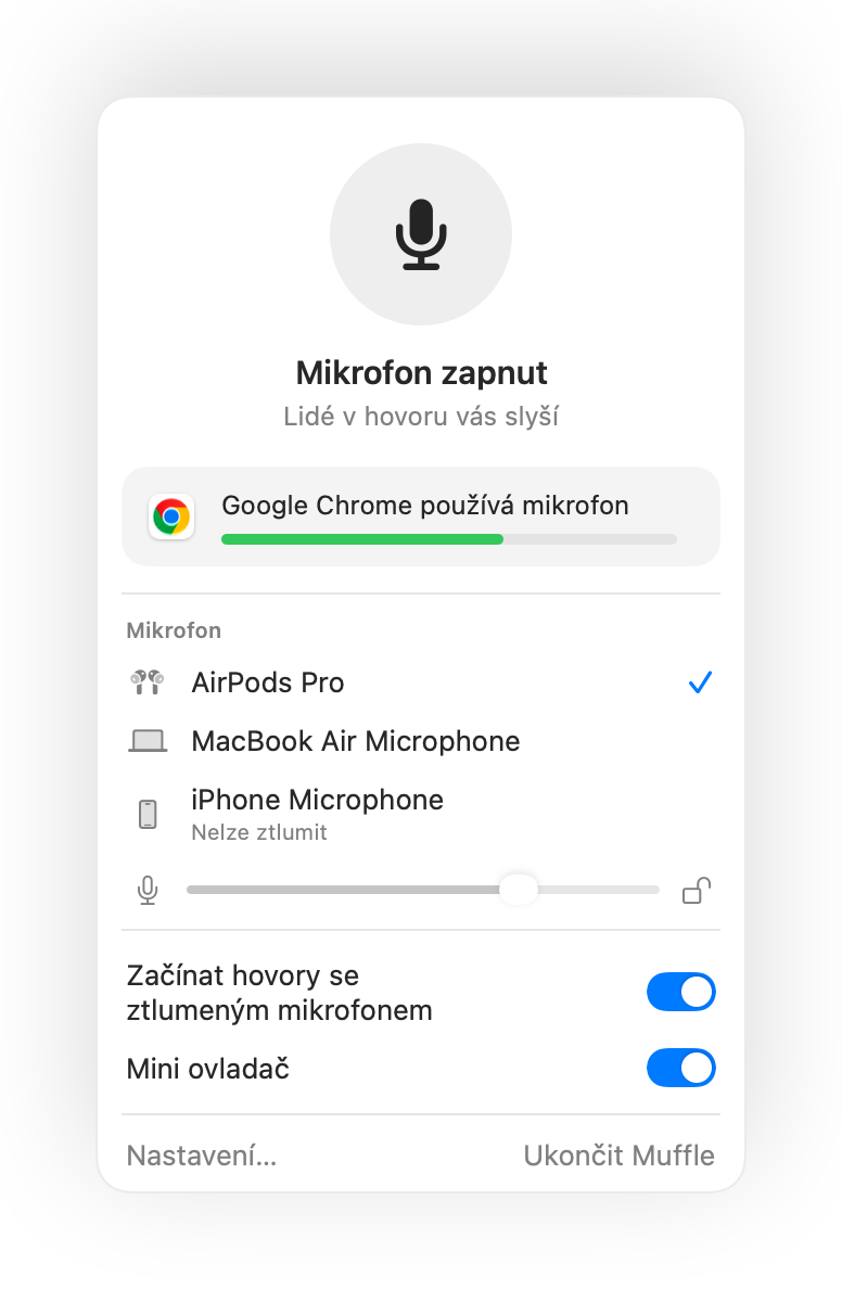 Panel Muffle v řádku nabídek na Macu během hovoru přes Google Meet v Chrome