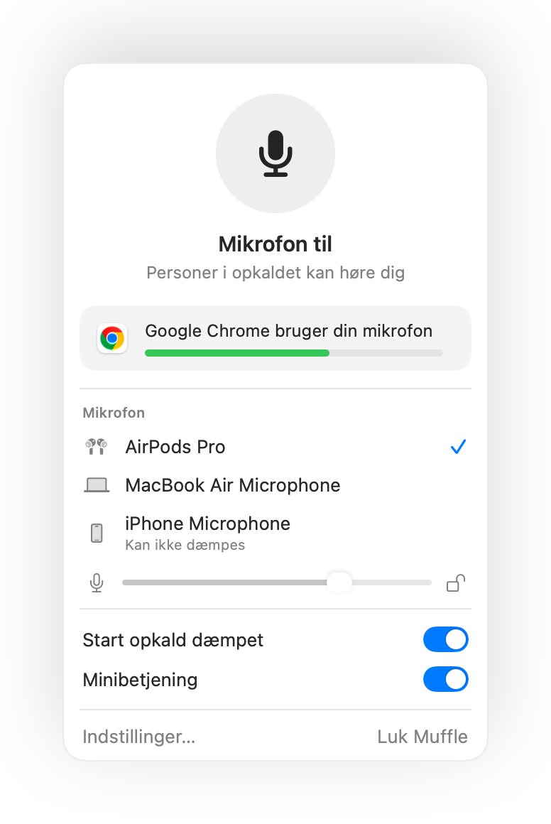 Muffle-panelet i Mac-menulinjen under et Google Meet-opkald i Chrome