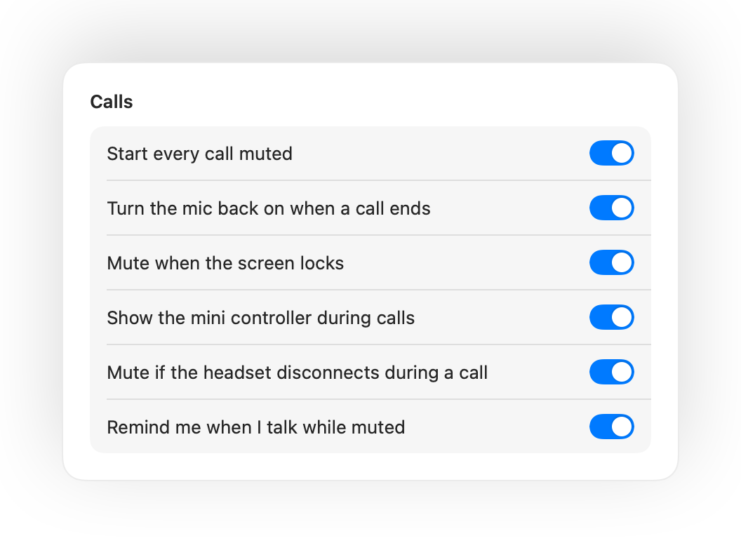Muffle settings for starting calls muted and other call automations