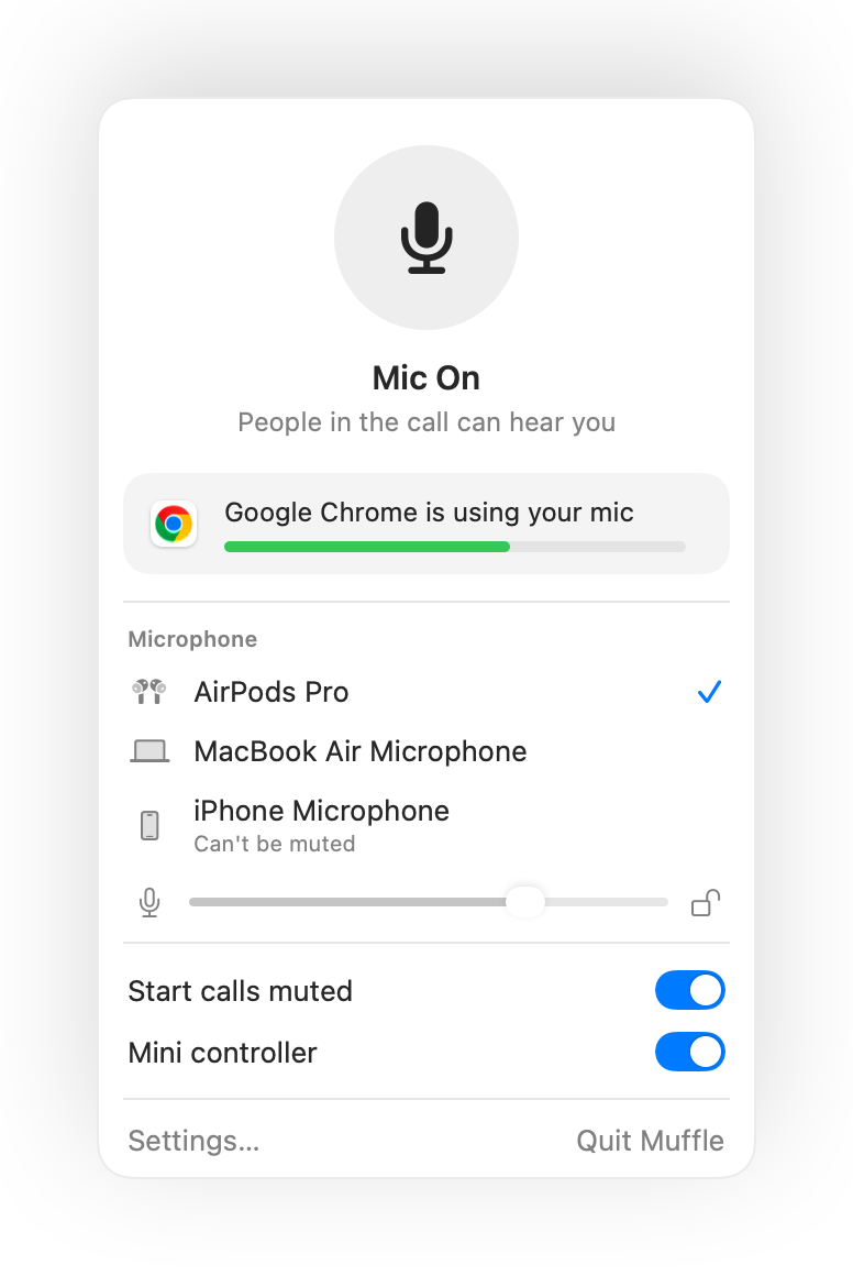 The Muffle panel in the Mac menu bar during a Google Meet call in Chrome