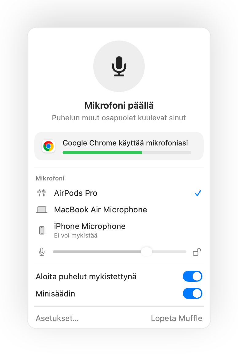 Muffle-paneeli Macin valikkorivillä Google Meet -puhelun aikana Chromessa
