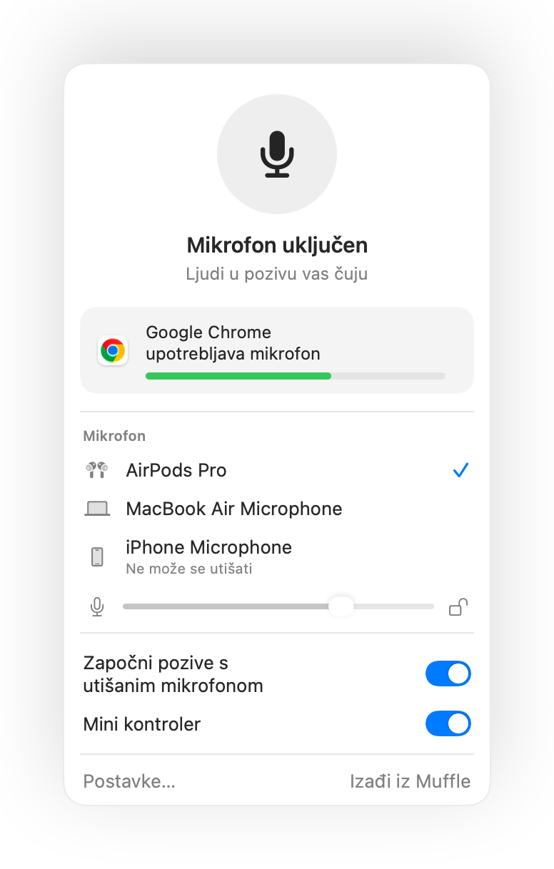 Ploča Muffle u traci s izbornicima na Macu tijekom poziva u Google Meetu u Chromeu