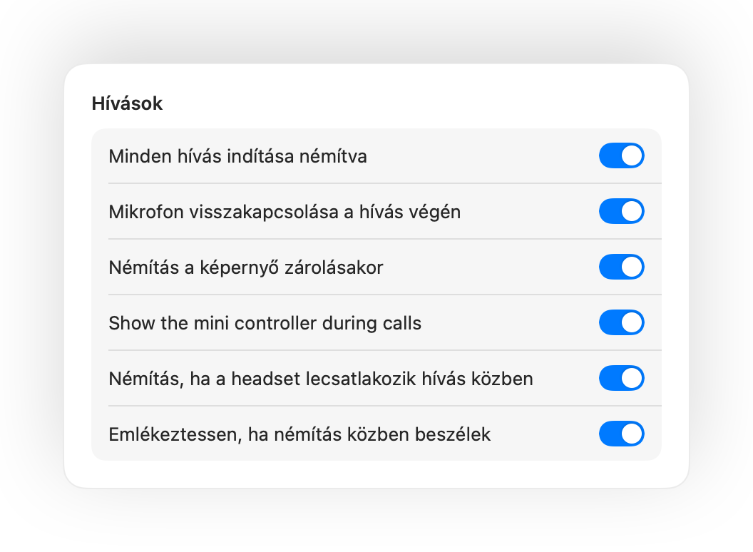 Muffle beállítások a hívások némított indításához és az automatizáláshoz