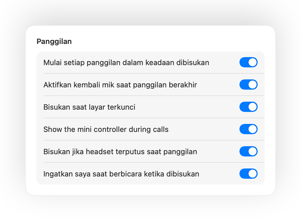 Pengaturan Muffle untuk memulai panggilan dalam keadaan dibisukan dan otomatisasi panggilan lainnya