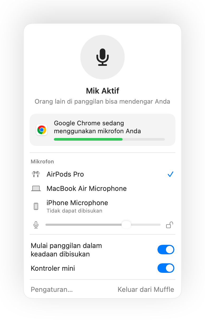 Panel Muffle di bilah menu Mac saat panggilan Google Meet di Chrome