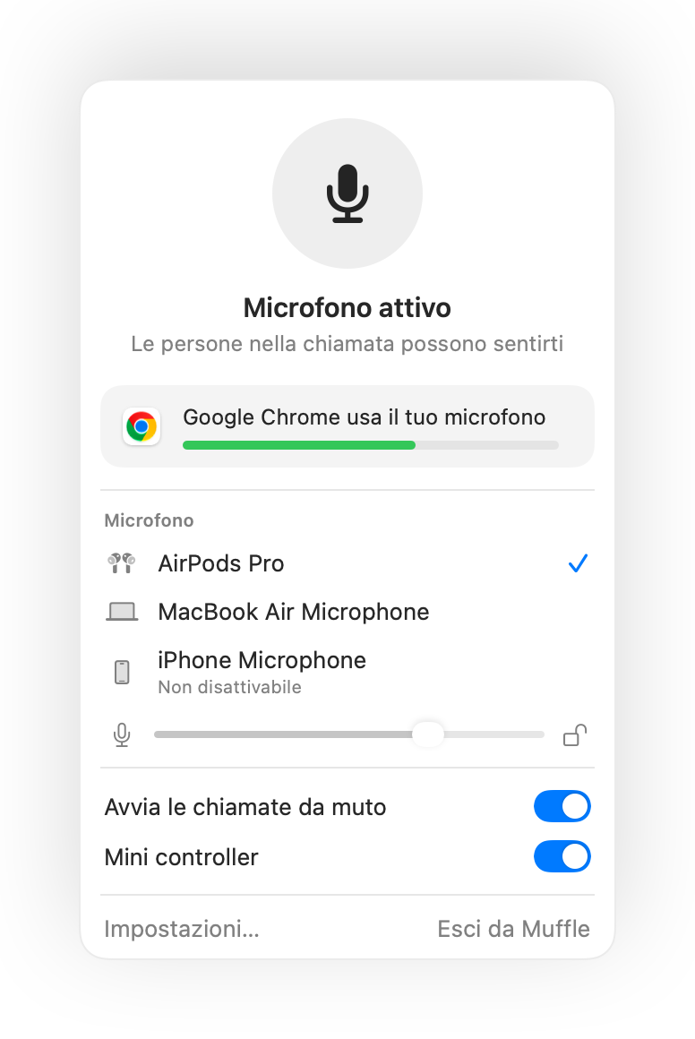 Il pannello di Muffle nella barra dei menu del Mac durante una chiamata su Google Meet in Chrome