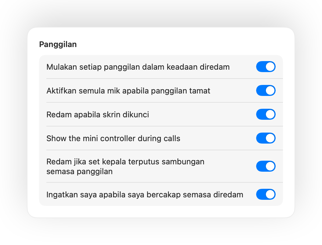 Tetapan Muffle untuk memulakan panggilan dalam keadaan diredam dan automasi panggilan lain