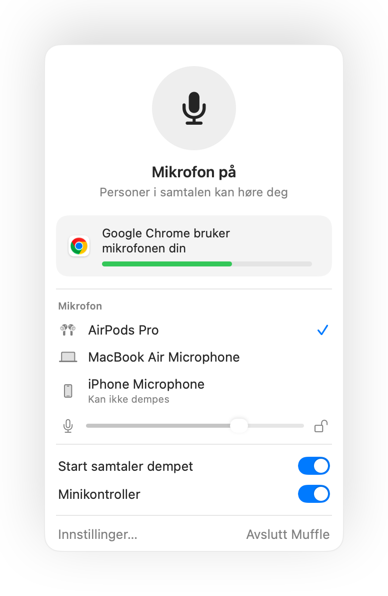 Muffle-panelet i menylinjen på Mac under en Google Meet-samtale i Chrome