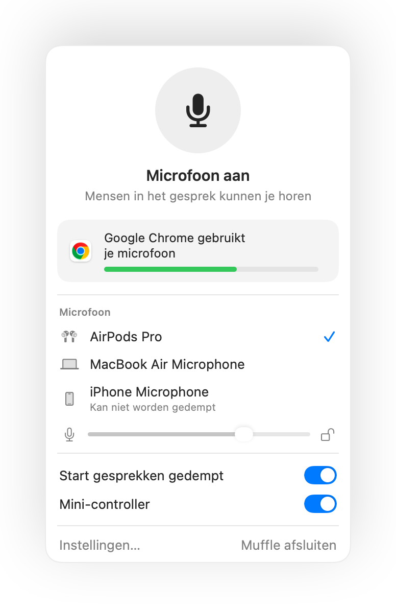 Het Muffle-venster in de Mac-menubalk tijdens een Google Meet-gesprek in Chrome