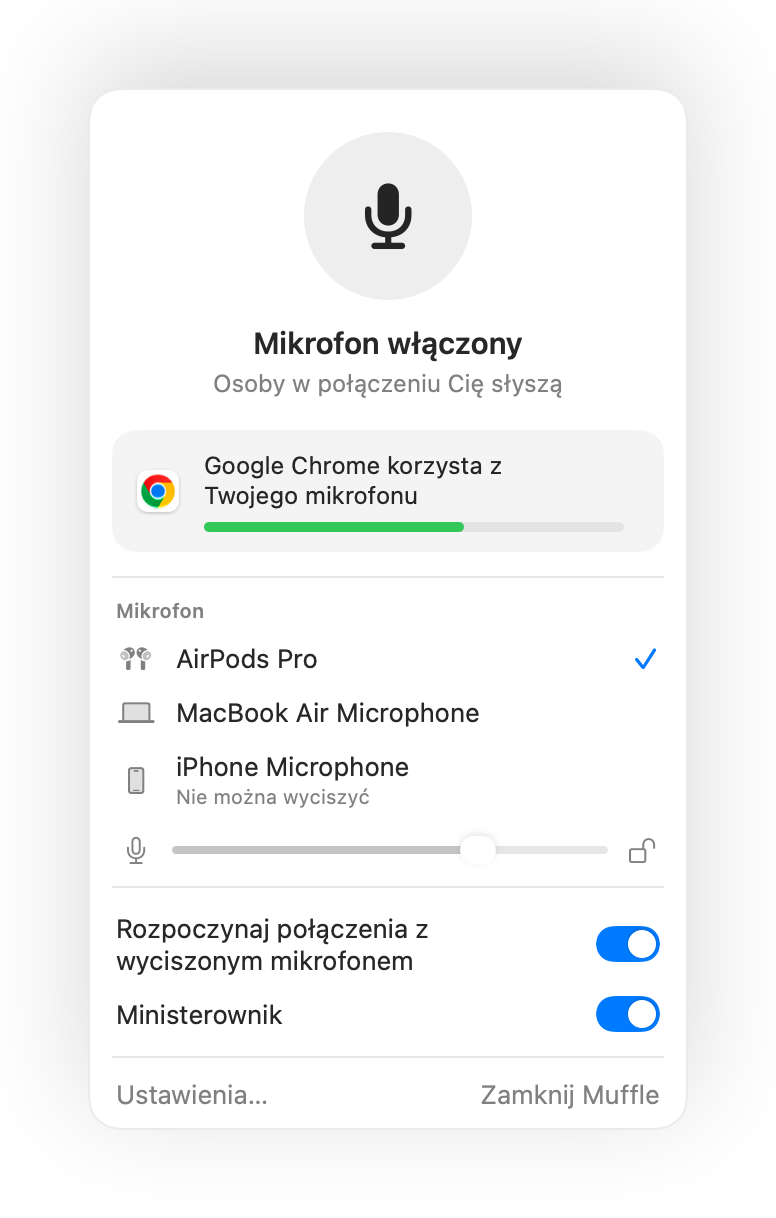 Panel Muffle na pasku menu Maca podczas połączenia Google Meet w Chrome