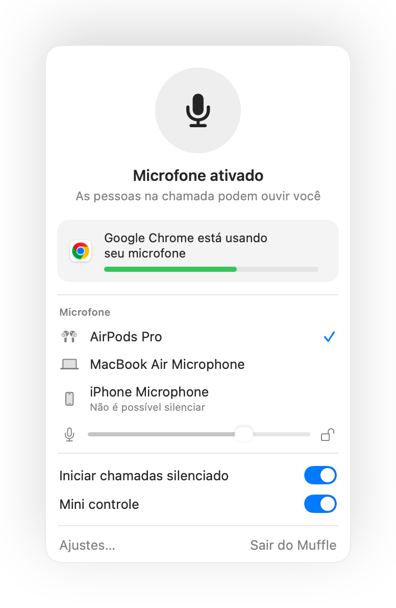 O painel do Muffle na barra de menus do Mac durante uma chamada no Google Meet no Chrome