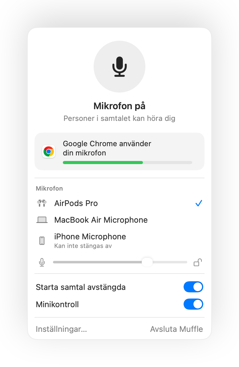 Muffle-panelen i menyraden på Mac under ett Google Meet-samtal i Chrome