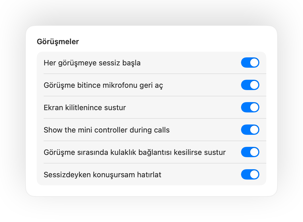 Görüşmelere sessiz başlama ve diğer görüşme otomasyonları için Muffle ayarları