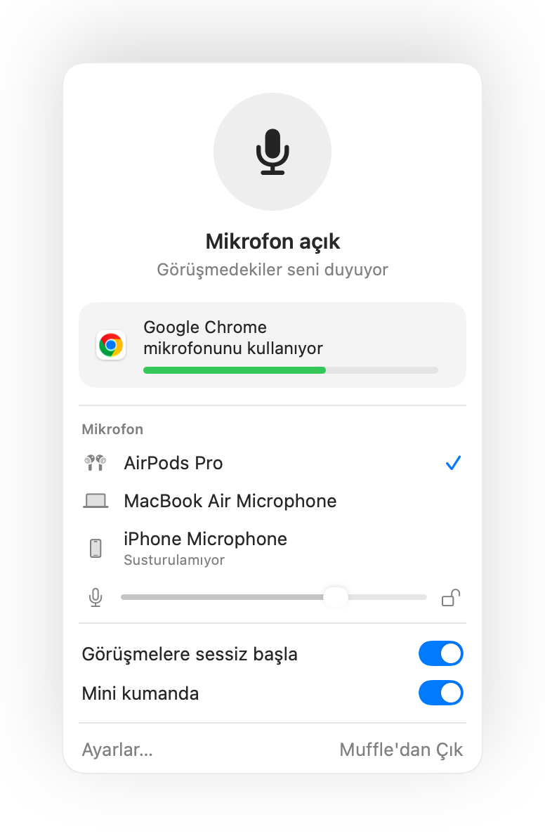 Chrome'daki bir Google Meet görüşmesi sırasında Mac menü çubuğundaki Muffle paneli