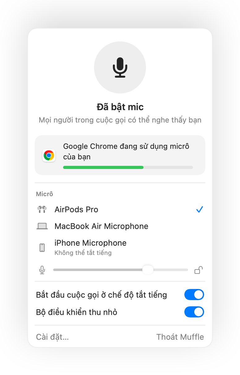 Bảng điều khiển Muffle trên thanh menu của Mac trong cuộc gọi Google Meet trên Chrome